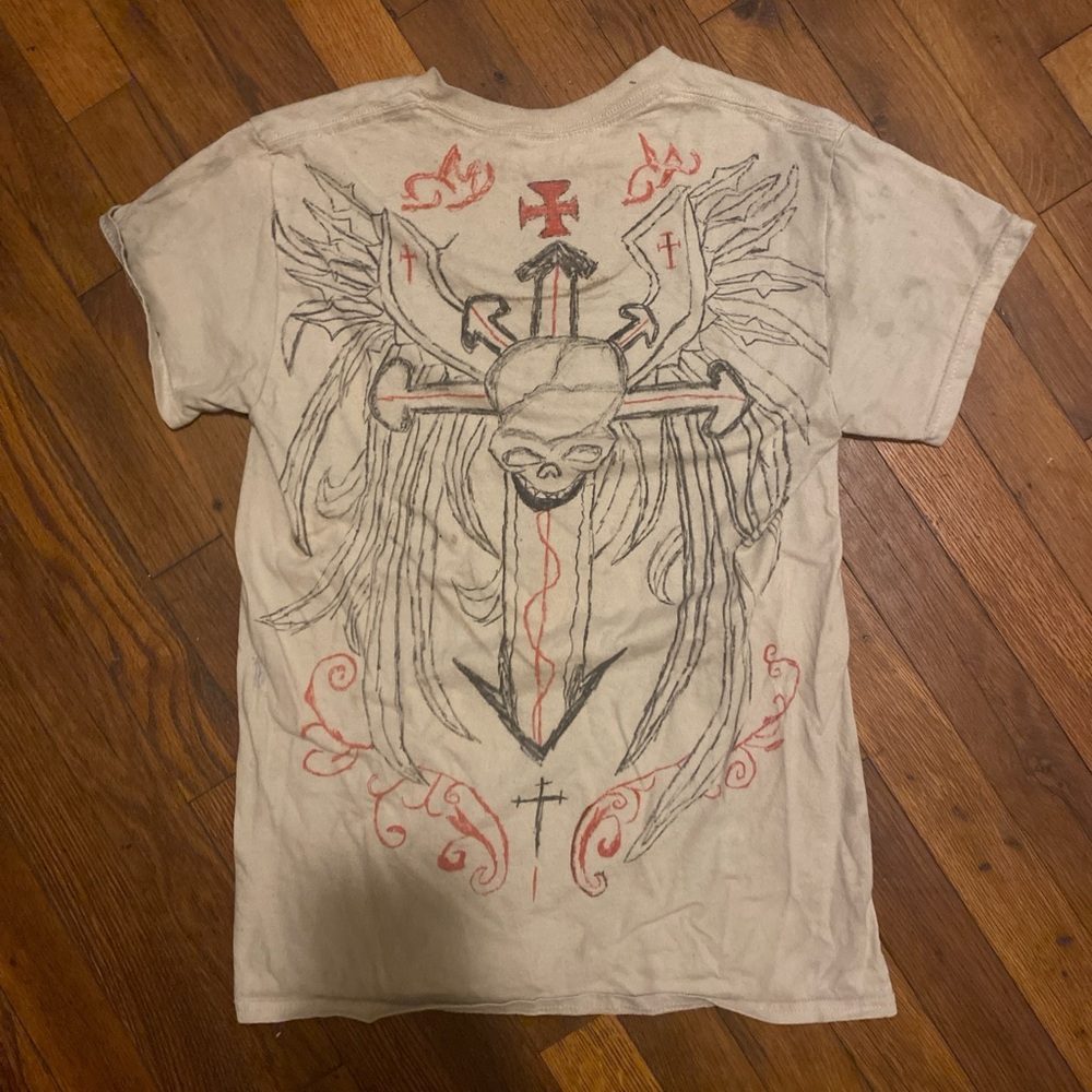 Winged Skull Cross Graphic Tee - White with Black & Red Design